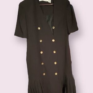 Vintage 80s MS Chaus Black Pleated Hem Gold Button Secretary Midi Dress 10